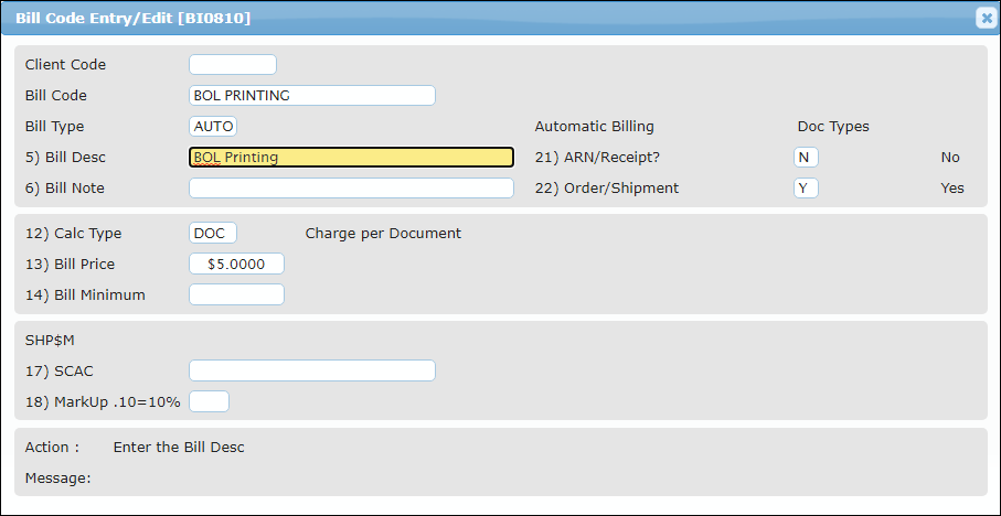 Order AUTO Bill Codes